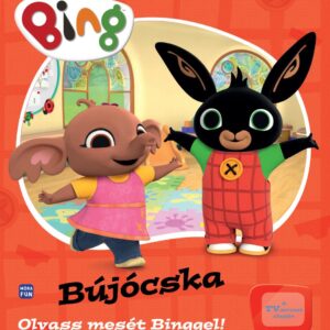 A Bing - Bújócska könyv borítója. A borítón egy narancssárga háttéren látható Bing és Sula, ahogy játszanak.