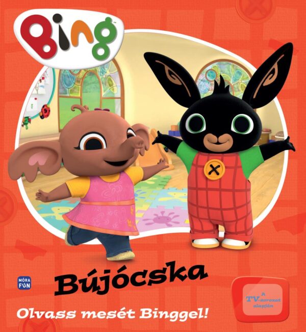 A Bing - Bújócska könyv borítója. A borítón egy narancssárga háttéren látható Bing és Sula, ahogy játszanak.