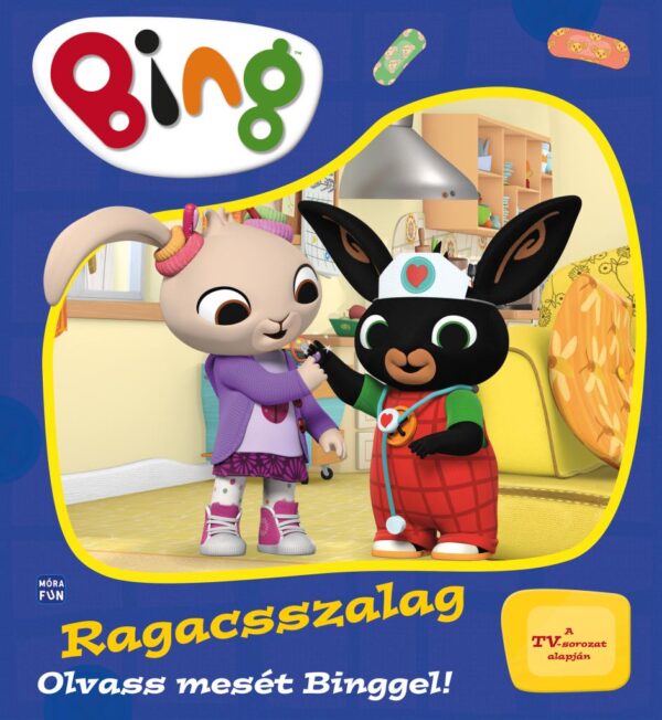 A képen Bing és Coco látható, amint orvososat játszanak a Bing - Ragacsszalag című könyv borítóján.