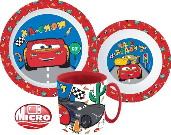Disney Verdák Lets Race étkészlet, micro műanyag szett bögrével 350 ml